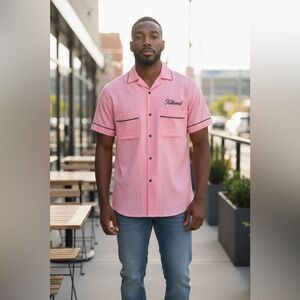 NWT FULL SEND Men’s Pink Button Down Short Sleeve Embroidery Design - Size Small